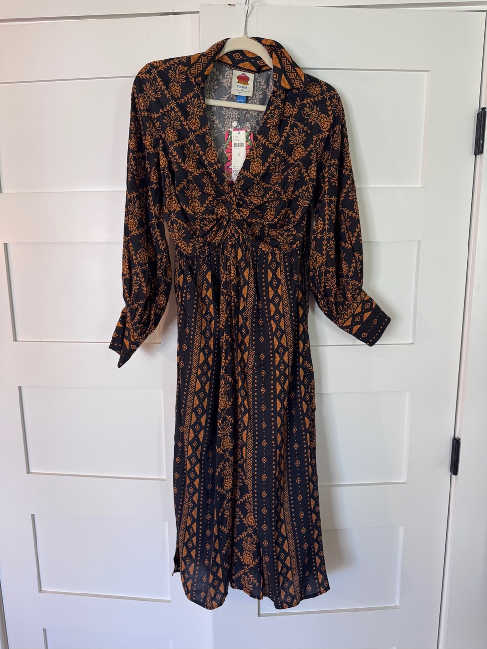 FARM Rio Black Midi Dress with Brown Boho Print